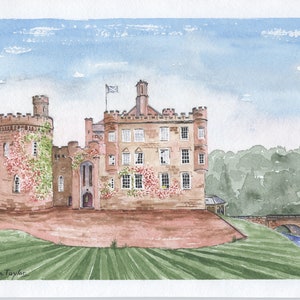 May include: Watercolor painting of a stone castle with a tower, ivy growing on the walls, and a bridge over a river in the foreground. The sky is blue with white clouds. The painting is signed "Regan Taylor".