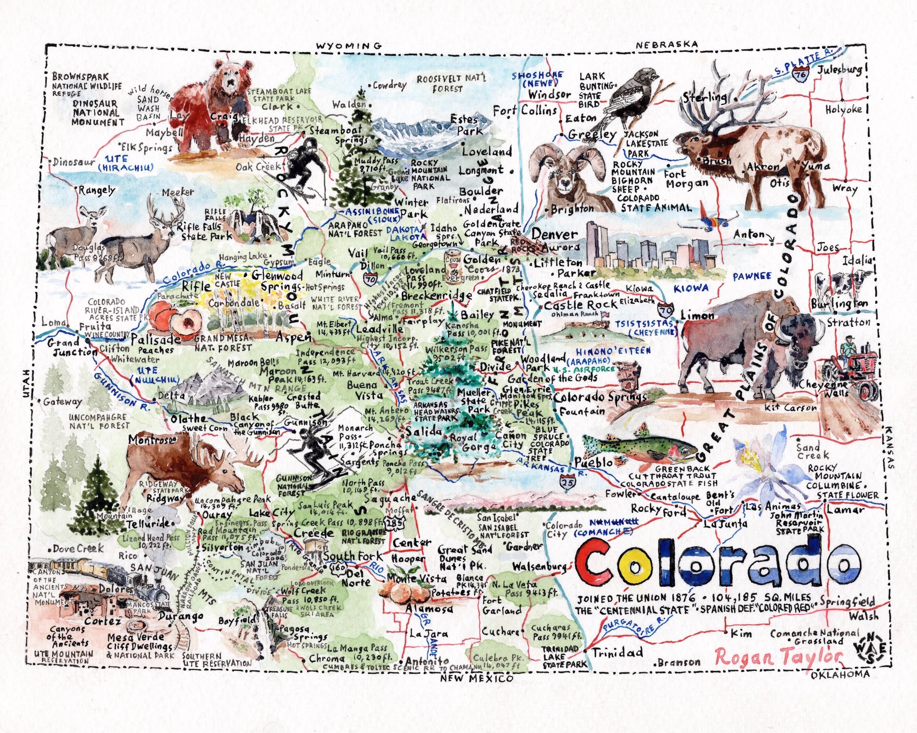 Pictorial Watercolor Map of Colorado – Pictorial State Map – Hand-Painted Rocky Mountain Decor – Colorado Wall Art – Centennial State Gift