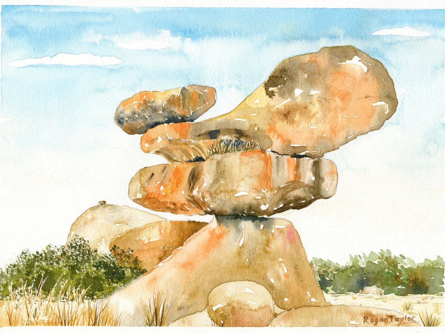 Watercolour Print of Balancing Rocks Zimbabwe 8.5 X picture pic