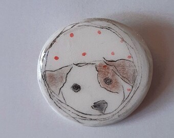 Jack Russel Terrier Hand Painted Pottery Brooch, Ceramic Dog Brooch, Jack Russel Terrier Pin