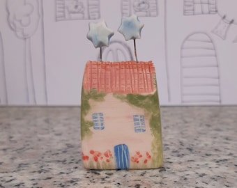 Little Pink Pottery House with 2 Stars, Small Clay House with Stars, Pottery Village Cottage