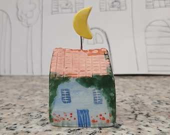 Handmade Ceramic Fairy House with Moon: Pottery Village Cottage