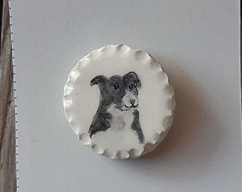 Border Collie Hand Painted Pottery Brooch, Ceramic Dog Brooch, Border Collie Pin