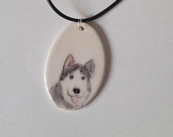 Hand Painted Pottery Husky Pendant Necklace: Dog Lover Gift