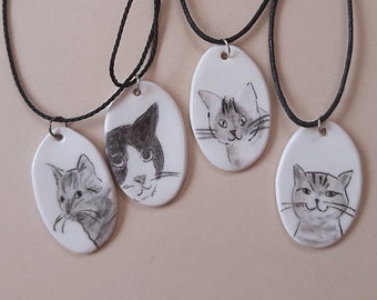 Custom Cat Portrait Ceramic Pendant, Personalised Hand Painted Cat Necklace, Cat Mama Jewelry