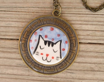 Hand Painted Pottery Cat Necklace, Tabbie Cat Necklace, Tabby Cat Pendant