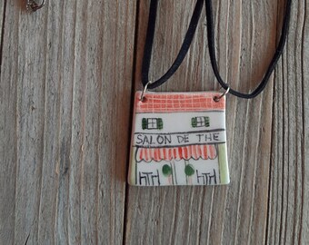 Hand Painted Salon The The Pottery Necklace, Pottery House Necklace, Ceramic House Pendant