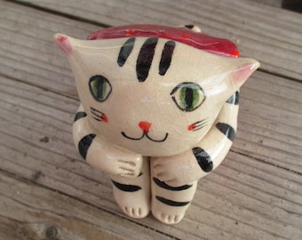 Cute Ceramic Tabby Cat Sculpture, Pottery Cat Sculpture, Hand Painted Tabbie Cat Figurine