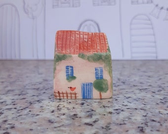 Small Hand Painted Pink Clay House, Colorful Pottery Village House