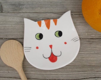 Pottery Ginger Cat Spoon Rest, Orange Tabby Spoon Rest, Hand Painted Orange Cat Spoon Holder, Cat Mama Gift