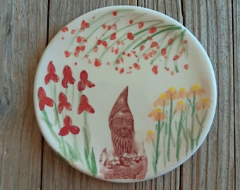 Colorful Ring Dish with Garden Gnome and Flowers, Colorful Hand Painted Ring Bowl, Pretty Jewelry Organizer