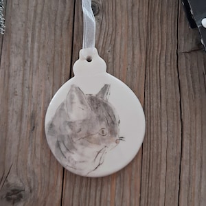 Hand Painted Tabbie Cat Christmas Ornament: Handmade Pottery Ornament