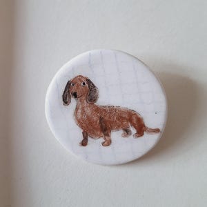 Small Dachshund Hand Painted Pottery Brooch, Ceramic Dog Brooch, Dachshund Pin