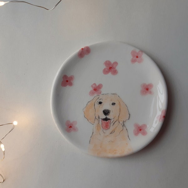 Plat d’anneau de poterie Golden Retriever fait à la main, plat d’anneau de chien peint à la main, cadeau de maman de chien, Golden Retriever