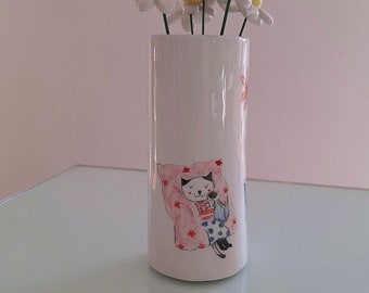 Colorful Hand Painted Vase with Cat Reading a Book and Drinking Coffee, Cute Bookshelf Vase with Cat