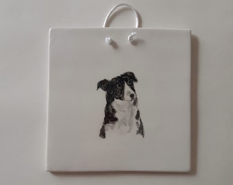 Hand Painted Border Collie Dog Portrait, Border Collie Portrait on Handmade Pottery Tile, Dog Mama Gift