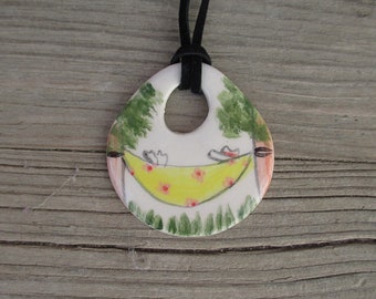 Summer Day Pottery Pendant, Lying in Hammock, Handpainted Ceramic Necklace