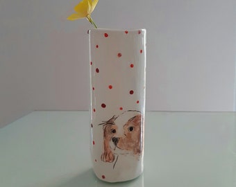 Cute Handmade King Charles Cavalier Pottery Vase, Hand Painted Dog Vase, Dog Mama Home Decor