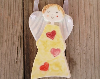 Pottery Angel Ornament with Hearts,  Angel for Daughter, Guardian Angel, Christening Gift for Girl