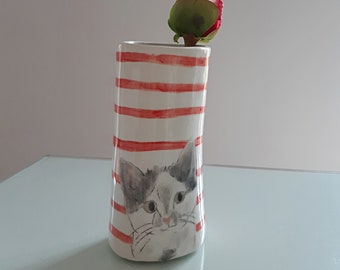 Cute Small Pottery Vase with Hand Painted Siamese Cat, Handmade Ceramic Cat Vase, Siamese Cat Vase
