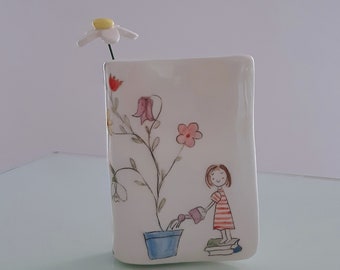 Little Pottery Hand Painted Vase with Girl Watering the Flower, Colorful Hand Painted Bud Vase