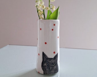 Simpatico vaso piccolo in ceramica con gatto nero dipinto a mano, vaso per gatti in ceramica dipinto a mano