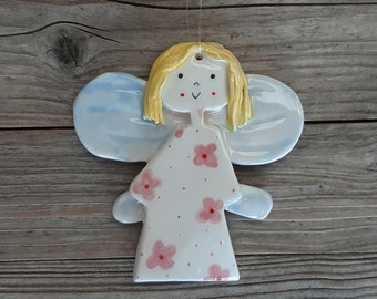 Pottery Angel Ornament with Pink Flowers, Guardian Angel Ornament, Angel for Daughter