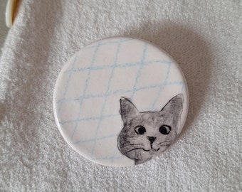 Hand Painted Ceramic Gray Cat Brooch, Funny Ceramic Cat Brooch, Cat Mama Brooch