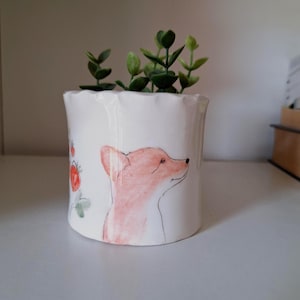 Small Handmade Pottery Planter with Fox and Strawberries, Hand Painted Planter with Fox