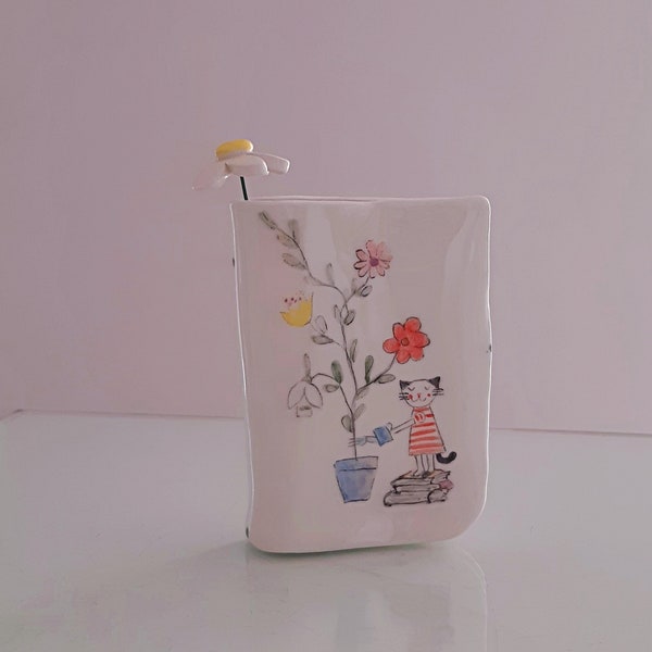 Little Hand Painted Bud Vase with Cat Watering the Flowers, Illustrated Cat Vase