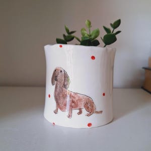 Handmade Dachshund Pottery Planter, Hand Painted Sausage Dog Flower Pot, Dog Mama Home Decor