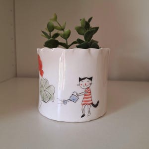 Handmade Pottery Planter with Cat Watering Flowers, Cute Cat Planter