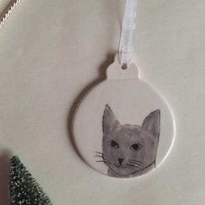 Hand Painted Gray Cat Christmas Ornament: Pottery Cat Ornament