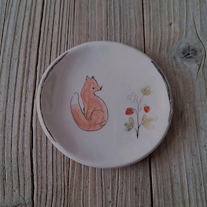 Hand Painted Fox Ring Dish: Ceramic Trinket Plate with Silver Edge
