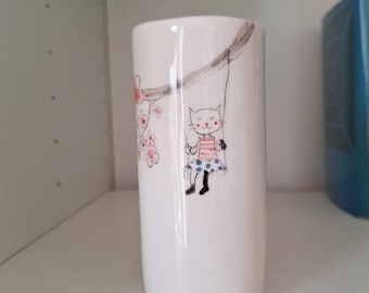 Colorful Hand Painted Vase with Cat Swinging on Tree, Cute Bookshelf Vase with Cat