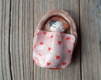 Cute Small Calico Cat Pottery Figurine, Calico Cat Sculpture