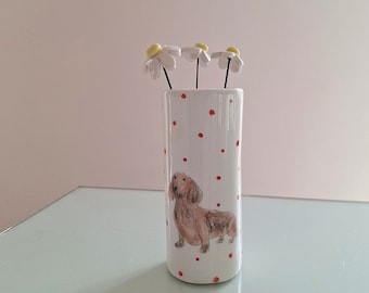 Cute Handmade Dachshund Pottery Vase, Hand Painted Dog Vase, Dog Mama Home Decor