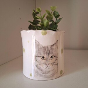 May include: A white ceramic planter with a hand-drawn cat face and green polka dots. The planter holds a small green plant. The cat's face is gray with yellow eyes and whiskers. The planter is a cylindrical shape.