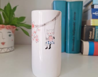 Colorful Hand Painted Vase with Cat Swinging on Tree, Cute Bookshelf Vase with Cat