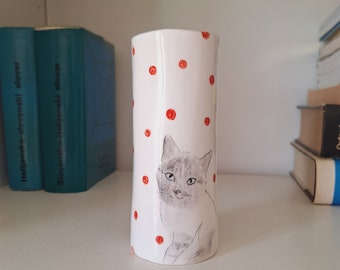 Lindo jarrón de cerámica pequeño con gato siamés pintado a mano, jarrón de gato de cerámica pintado a mano