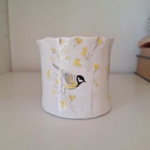 Handmade Pottery Planter with Bird and Yellow Flowers, Hand Painted Planter
