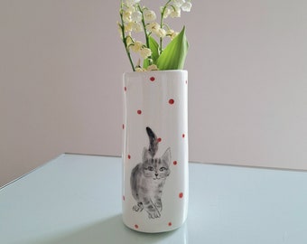 Vaso in ceramica dipinto a mano con gatto soriano, vaso gatto Tabbie, decorazione per la casa Cat Mama