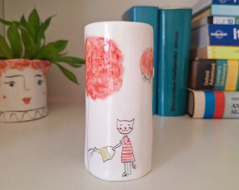 Vivid Hand Painted Vase with Cat Watering the Flowers, Small Floral Vase with Cat