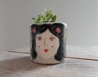 Hanmade Pottery Face Planter, Small Pottery Girly Face Planter, Plant Woman Gift