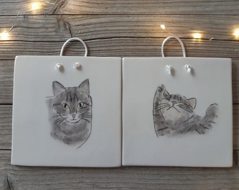 Custom Made Hand Painted Cat Portrait, Personalised Cat Portrait on Handmade Pottery Tile, Cat Mama Gift