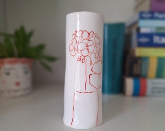 White Handmade Vase with Hand Painted Red Geranium Blossom, Unique Minimalist Vase