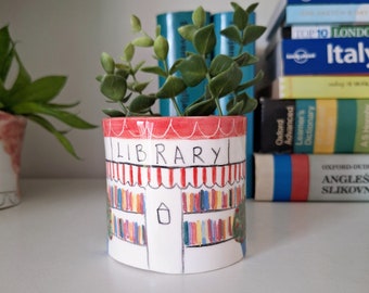 Pot de fleurs asymétrique fait main pour bibliothèque, décoration de bibliothèque, cadeau pour rat de bibliothèque, jardinière pour fille