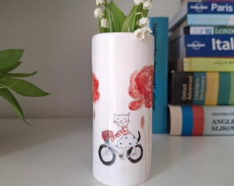 Vivid Hand Painted Floral Vase with Cat Riding a Bicycle, Cute Cat Vase