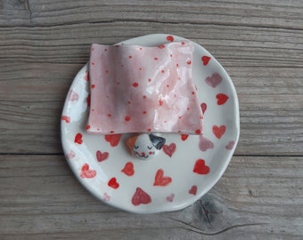 Calico Cat Hand Painted Ring Dish with Hearts, Cat with Hearts