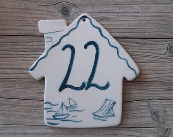 Custom Made Blue Pottery House Number, Beach House Number Tile, Outdoor Numbers